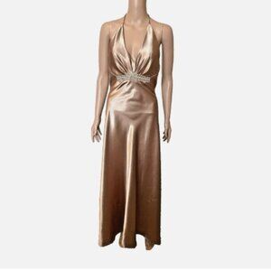 JESSICA MCCLINTOCK GUNNE SAX Metallic Bronze Gold Halter Dress Rhinestone 5/6